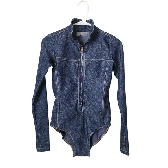 watskin Other - WATSKIN Danielle Bodysuit Denim Blue Zip Front Long Sleeve Swim UPF 50+ S